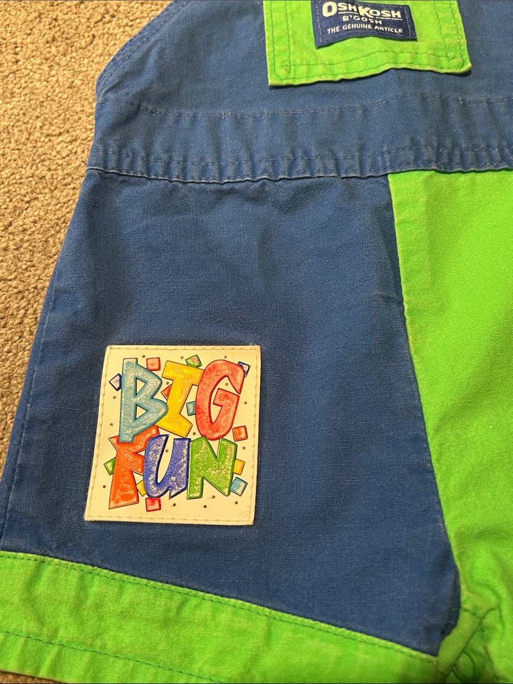 Vintage OshKosh B'gosh Blue, Green & Red Colorblock Kids Shortalls - Picture 3 of 6